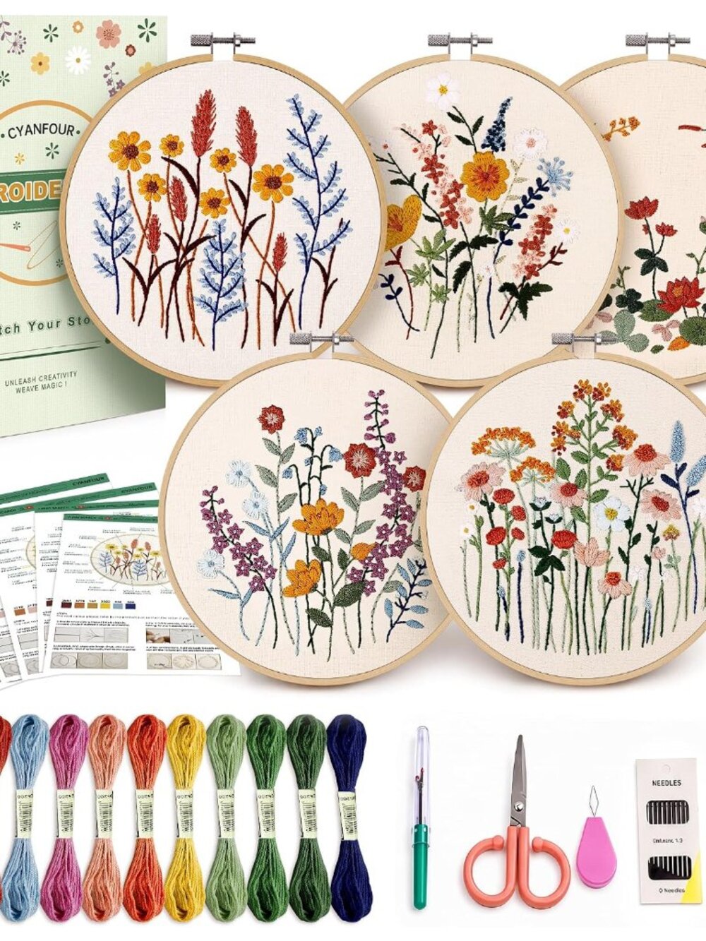 5 Pack Beginner Embroidery Kit for Adults with Video & Instruction
